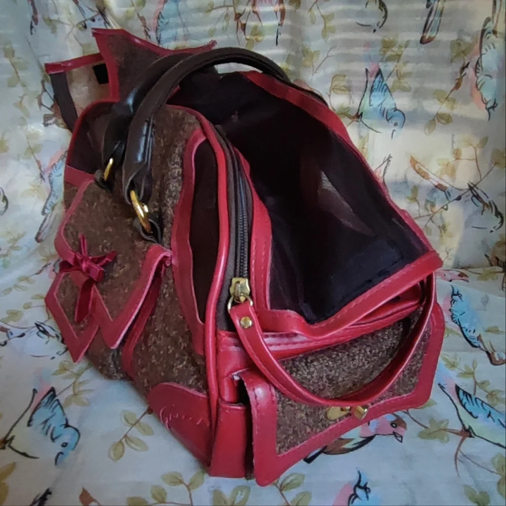 Pet Dog Cat Carrier Airplane Travel Road Trip Crate Soft Sided Wooly Brown Red